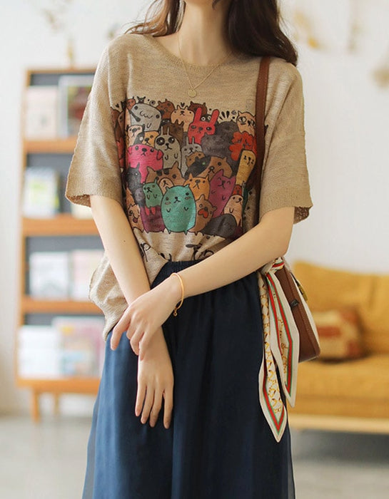 Blusa de punto de manga corta con estampado retro de verano