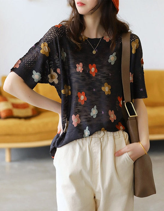 Blusa de punto de manga corta con estampado retro de verano