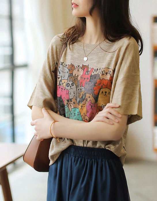 Blusa de punto de manga corta con estampado retro de verano