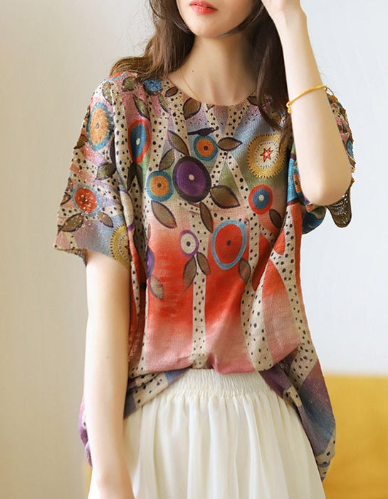 Summer Retro Printed Knit Short-sleeved Blouse
