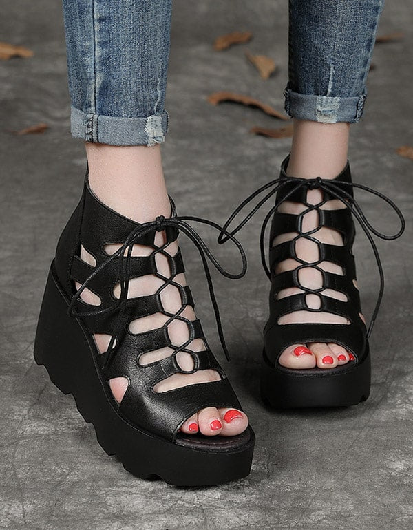 Summer Front Lace-up Fish-toe Wedge Sandals — Obiono