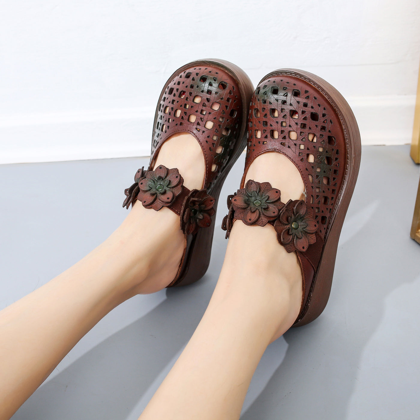 Summer Flowers Strap Hollow Wide Toe Box Wedge Slippers — Obiono