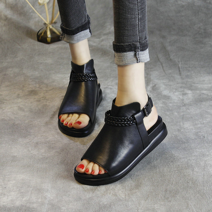 OBIONO Summer Retro Leather Open Toe Flat Sandals — Obiono