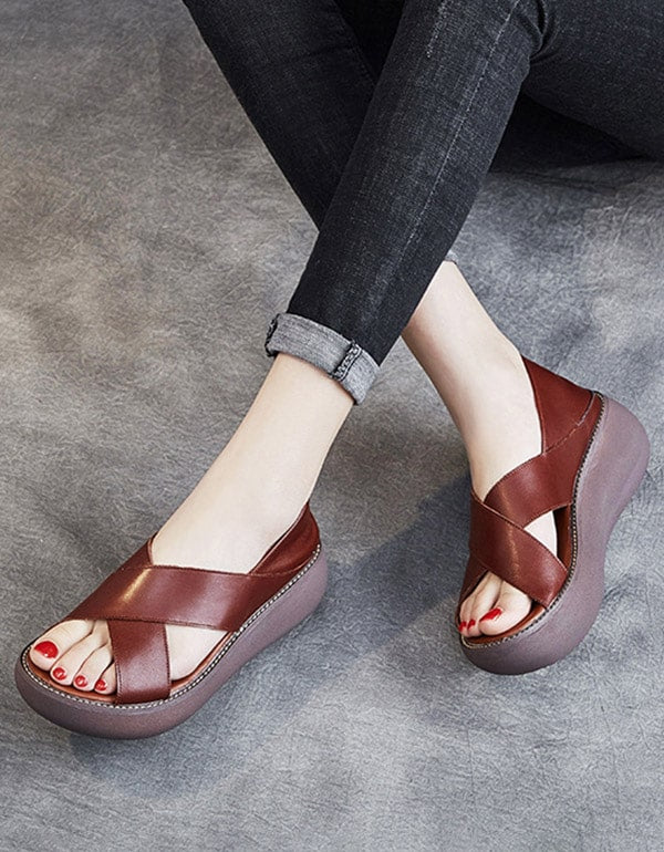Summer Retro Leather Slip On Platform Sandals — Obiono