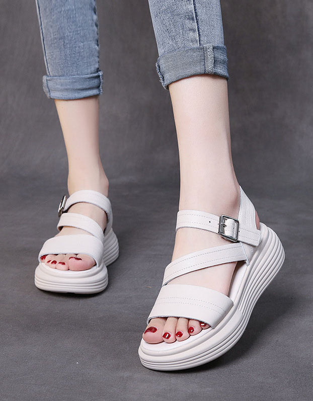 Thick Heel Cut-out Retro White Sandals — Obiono
