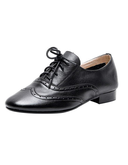 Soft Leather Brogue Carved Black Women's Oxford