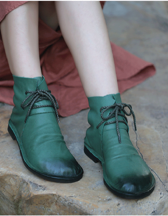 Vintage Green Retro Leather Flat Boots Handmade Sep New Trends 2020 77.70