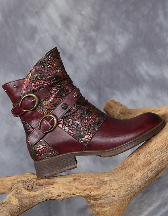 Vintage Handmade Embossing Buckle Ankle Boots