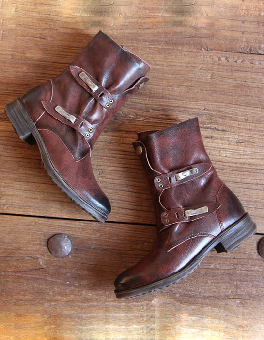 Vintage Handmade Leather Belt Buckle Motorcycle Short Boots