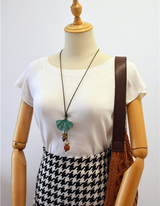 Vintage Patina Ginkgo Leaf Bodhi Necklace Sweater Chain Accessories 12.00