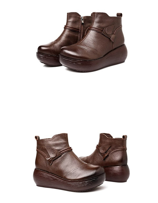 Waterproof Leather Retro Wedge Boots