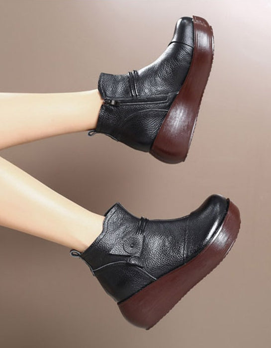 Waterproof Leather Retro Wedge Boots