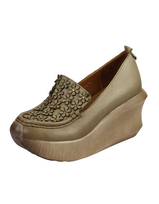 Waterproof flowers Leather Vintage Wedge Shoes