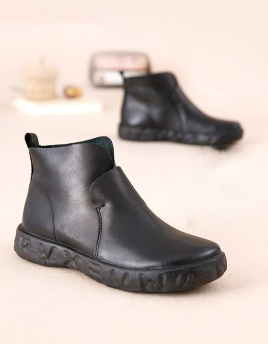 Winter Retro Leather Women's Black Boots Plush