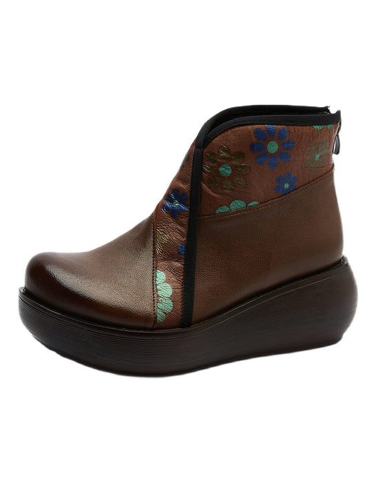 Winter V-Neck Flower Printed Retro Wedge Boots