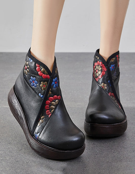 Winter V-Neck Flower Printed Retro Wedge Boots
