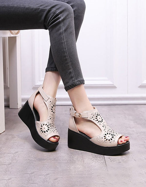 Handmade Retro Ankle Buckle Wedge Sandals — Obiono