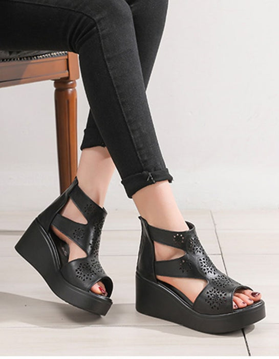 Women Handmade Retro Cut-out Wedge Ankle Sandals