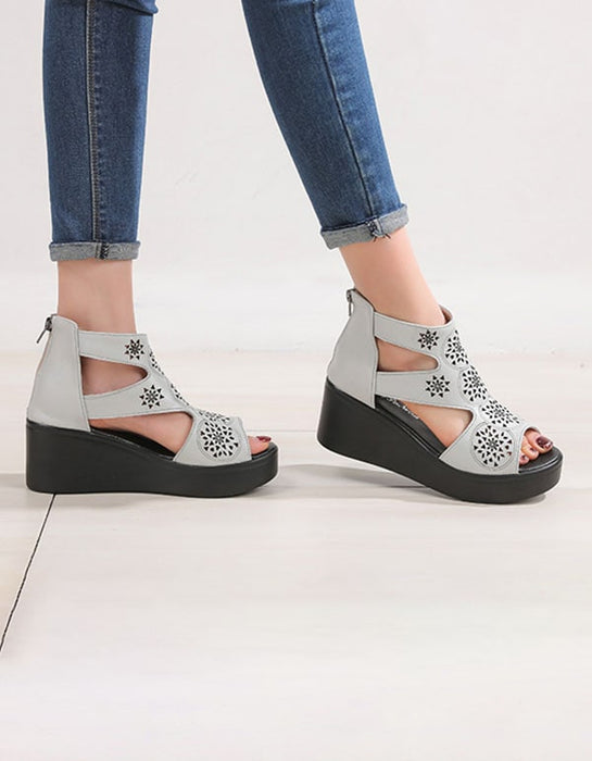 Women Handmade Retro Cut-out Wedge Ankle Sandals
