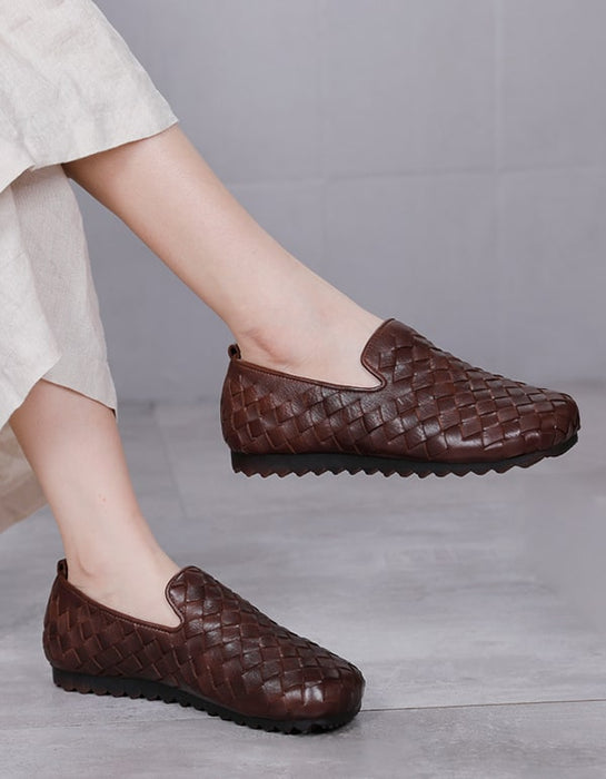 Women Leather Handmade Woven Retro Flat Loafers Oct New Trends 2020 78.88