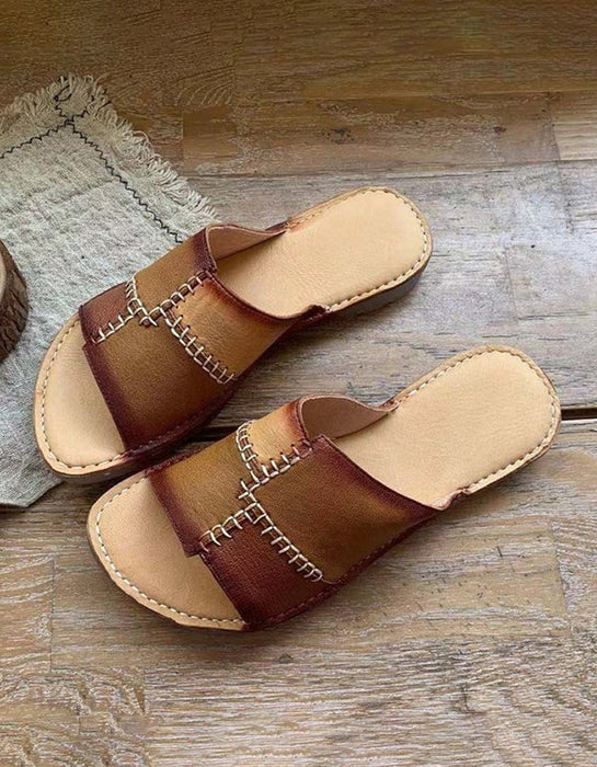 Women's Color-stitching Leather Retro Slippers