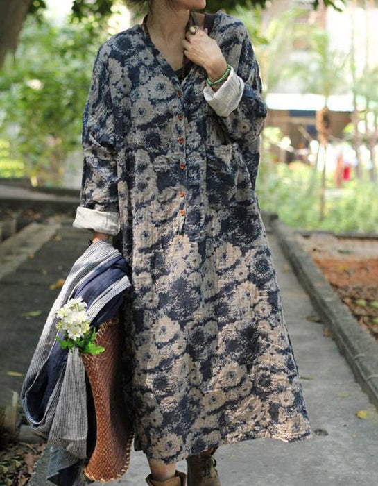 Women's Flower Printed Cotton Linen Loose Dress Obiono Women's Flower Printed Cotton Linen Loose Dress Obiono