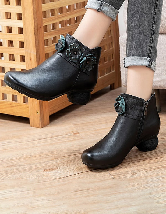 Autumn Winter Retro Leather Flower Chunky Shoes Obiono Autumn Winter Retro Leather Flower Chunky Shoes Obiono