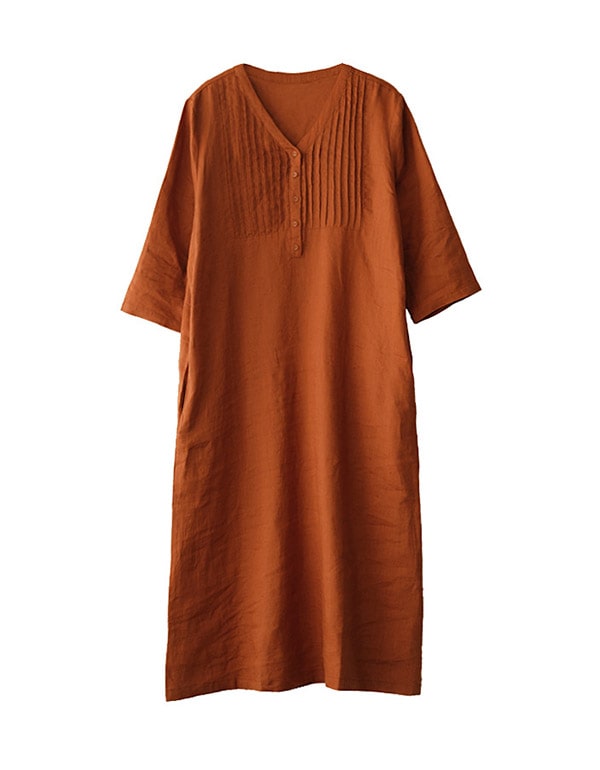 Women's Mid-sleeve Pullover V-neck Linen Dress — Obiono