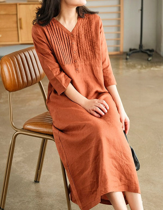 Women's Mid-sleeve Pullover V-neck Linen Dress One Size / Green Women's Mid-sleeve Pullover V-neck Linen Dress One Size / Green