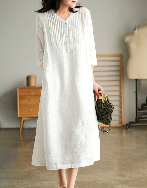 v neck linen dress Women's Mid-sleeve Pullover V-neck Linen Dress One Size / White