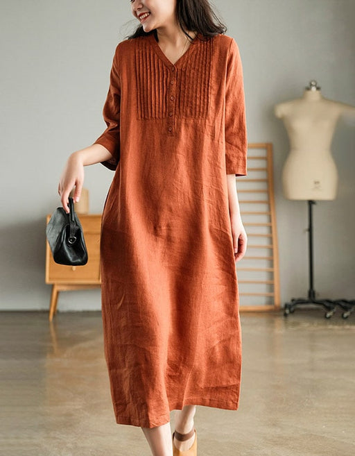 Women's Mid-sleeve Pullover V-neck Linen Dress Women's Mid-sleeve Pullover V-neck Linen Dress