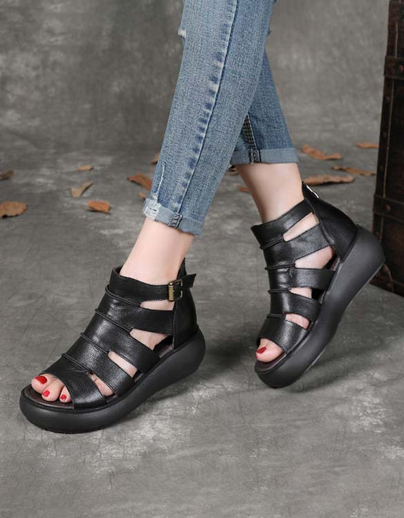 Women's Retro Leather Ankle Strap Sandals Black — Obiono
