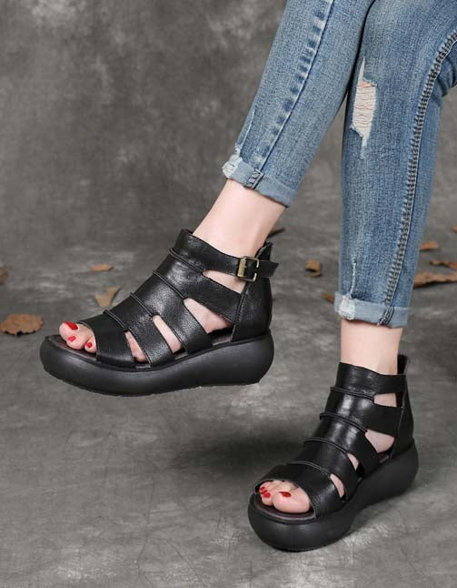 Women's Retro Leather Ankle Strap Sandals Black March Shoes Collection 2022 99.80