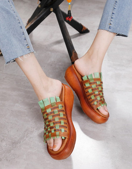 Women's Retro Leather Hand-woven Wedge Slippers