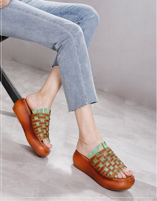 Women's Retro Leather Hand-woven Wedge Slippers