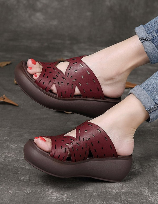 Women's Summer Leather Retro Wedge Slippers