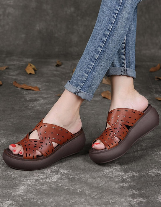 Women's Summer Leather Retro Wedge Slippers — Obiono