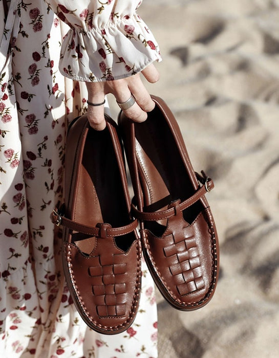 Leather Woven T-strap Buckle Mary Jane Shoes