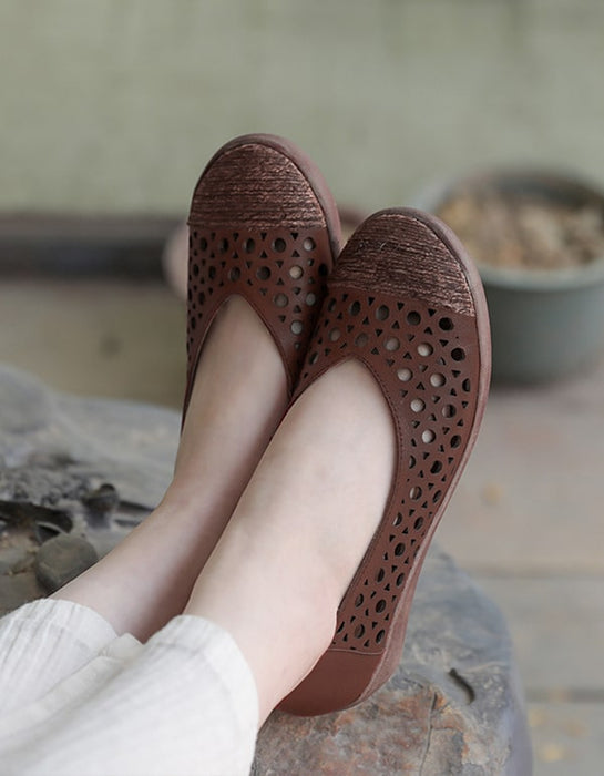 Women's Thick-heel Hollow Handmade Retro Flats