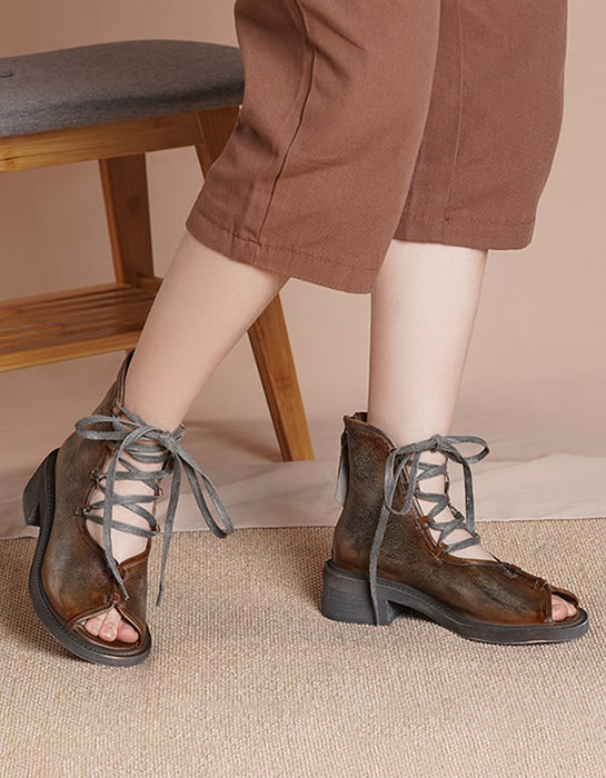 WomensRetroLeatherHandmadeCrossstrapFishToeSandals