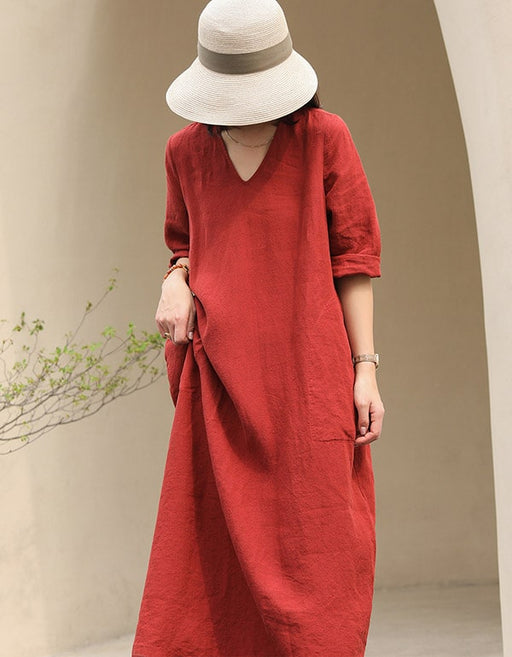 Womens V-neck Loose Linen Dress Red Womens V-neck Loose Linen Dress Red