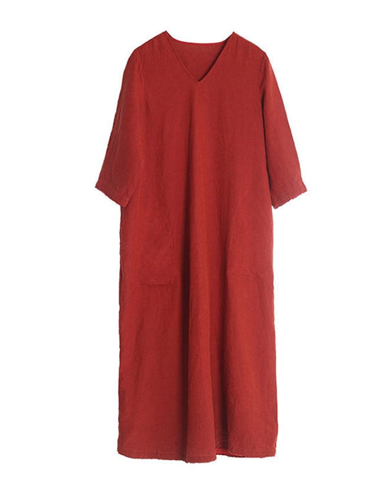 Womens V-neck Loose Linen Dress Red Womens V-neck Loose Linen Dress Red
