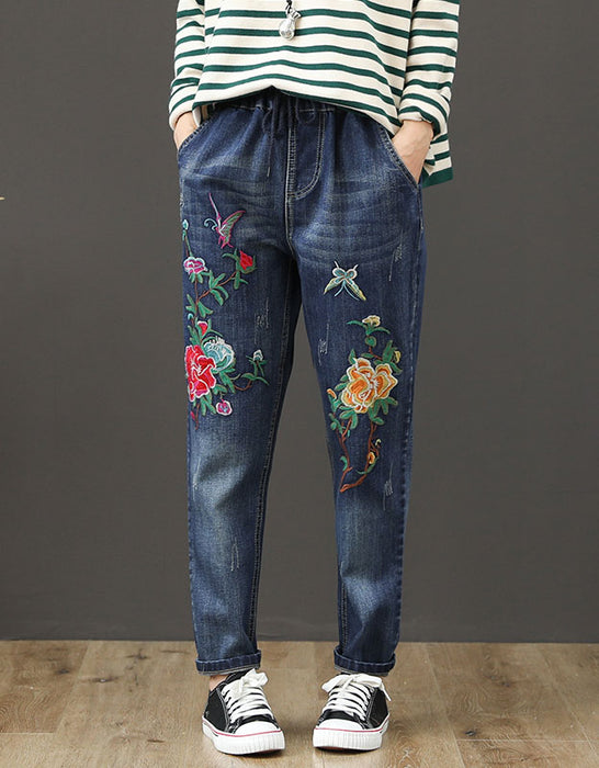 Plus Size Elastic Waist Embroidery Denim Pants Accessories 48.90