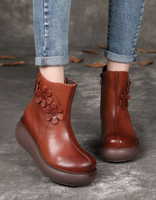OBIONO Flower Retro Leather Wedge Ankle Boots