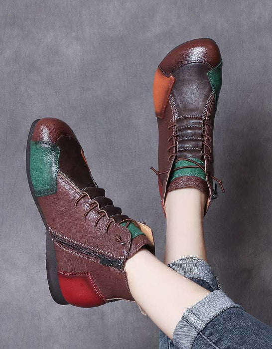 Retro Color Leather Stitching Handmade Boots