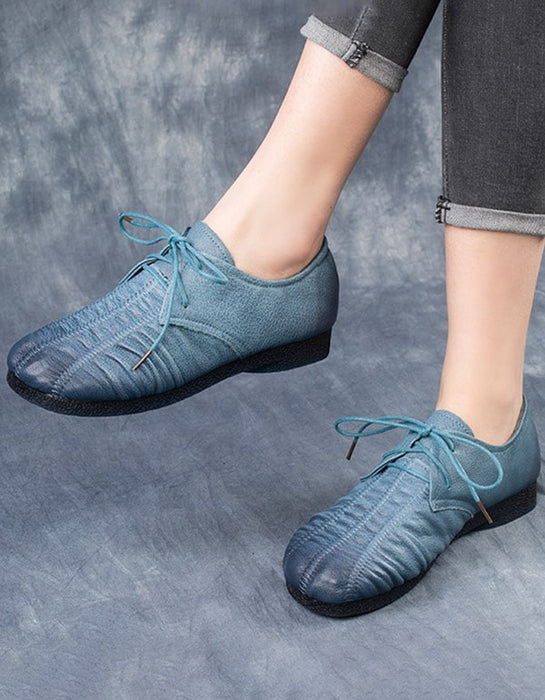 Handmade Pleated Lace Up Retro Flat Shoes