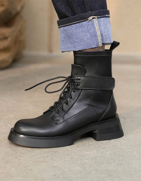 Spring Autumn Waterproof Lace-up Motorcycle Ankle Boots