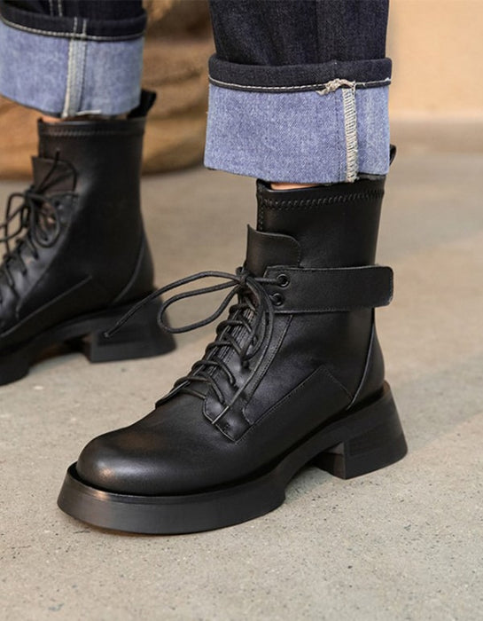 Spring Autumn Waterproof Lace-up Motorcycle Ankle Boots