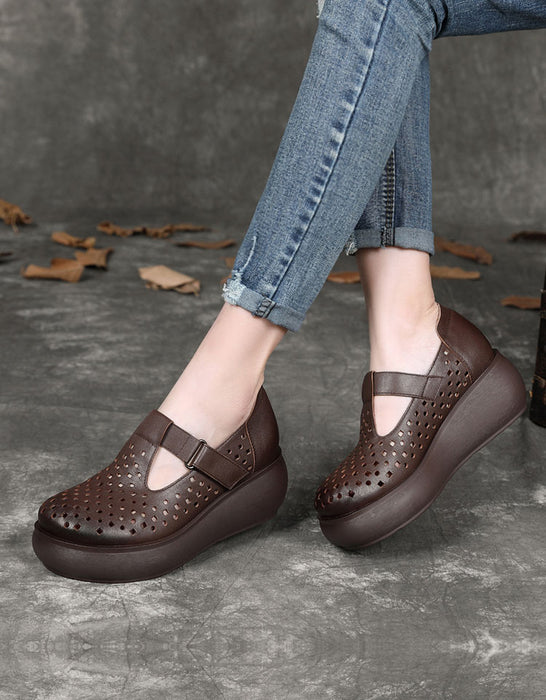 Handmade Retro Hollow T-strap Wedge Sandals — Obiono