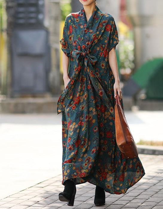 Oversized Loose Silk Printed Floral Maxi Dress